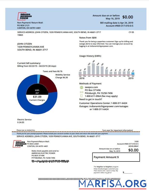 Realistic USA Indiana electricity utility bill template in Word and PDF format (.doc and .pdf)